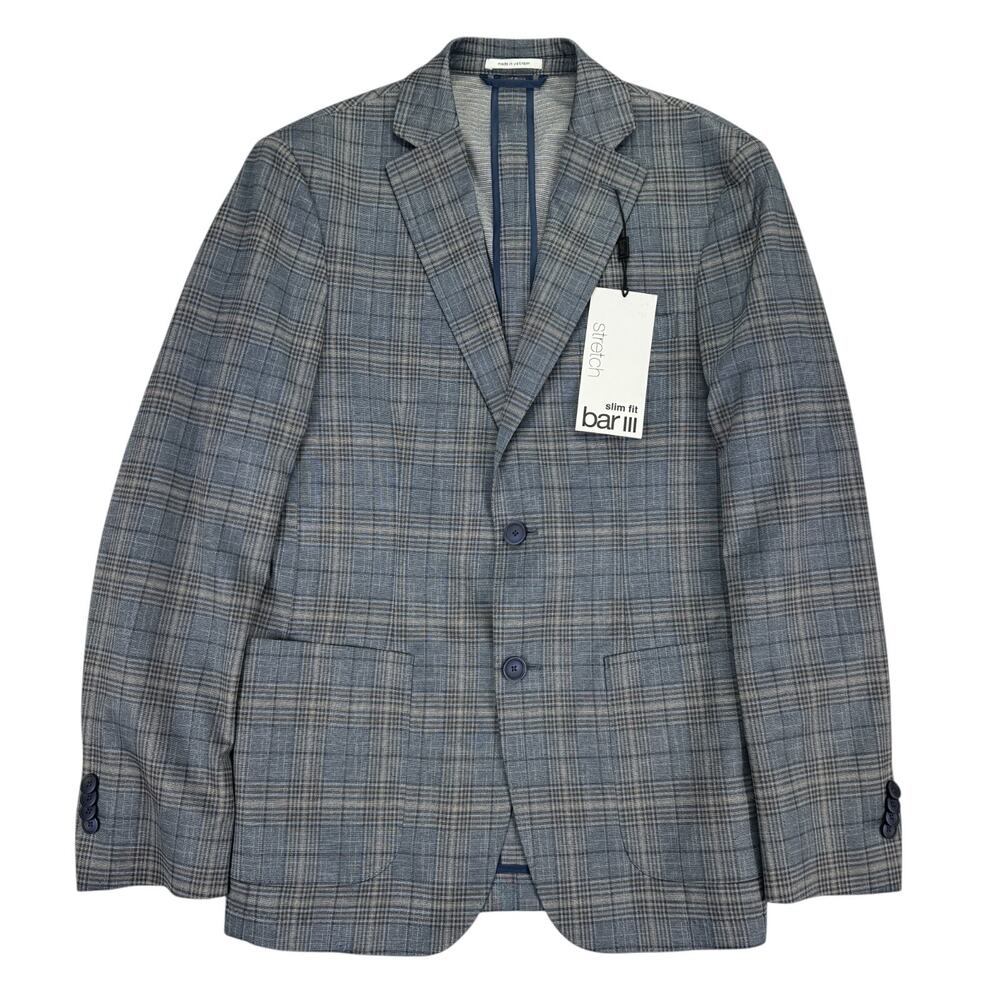 Bar III Mens Slim Fit Knit Stretch Plaid Sport Coat Blue Tan 36R